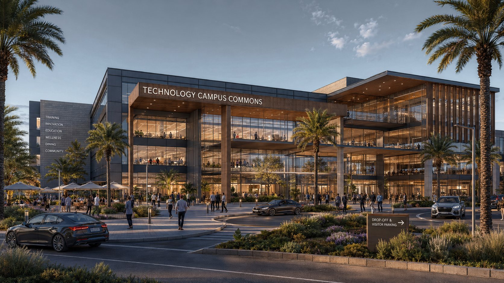 Technology Campus Commons — community campus with training, innovation, education, wellness, dining, and community programs